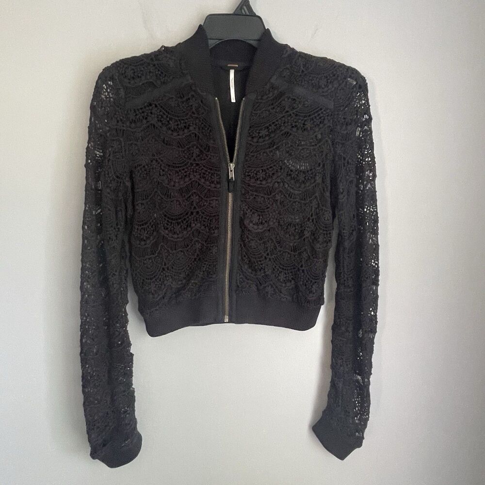 Free People Lace Crochet Jacket Size S Full Zip Cotton Lng Sleeve Romantic Boho
